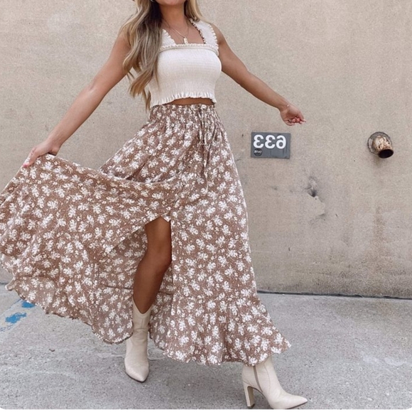 Promesa Skirt Black Size S Floral Maxi High Waist Elastic Buttondown Ties Flowy - Picture 7 of 7